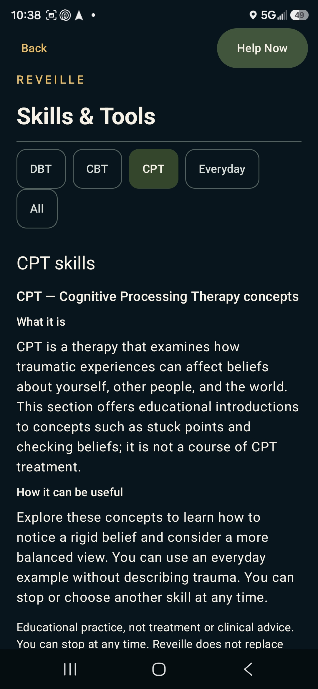 Reveille Skills and Tools screen